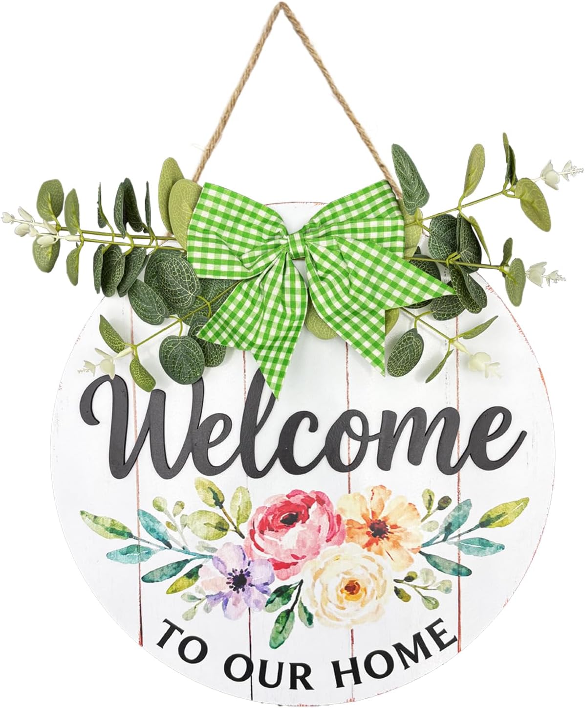 13 Inch Wood Welcome Sign for Front Door Floral Hanging Wreath Sign with Plaid Bow & Greenery All Seasons Farmhouse Porch Wall Decor Welcome to Our Home Outdoor Indoor Decoration