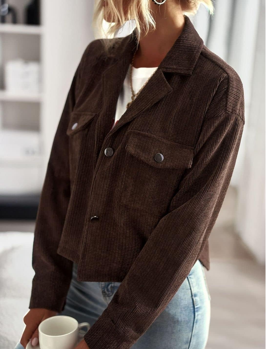 Kwoki Women's Corduroy Jackets Casual Button Down Cropped Shacket Fashion Trendy Crop Top Blazers - Image 4