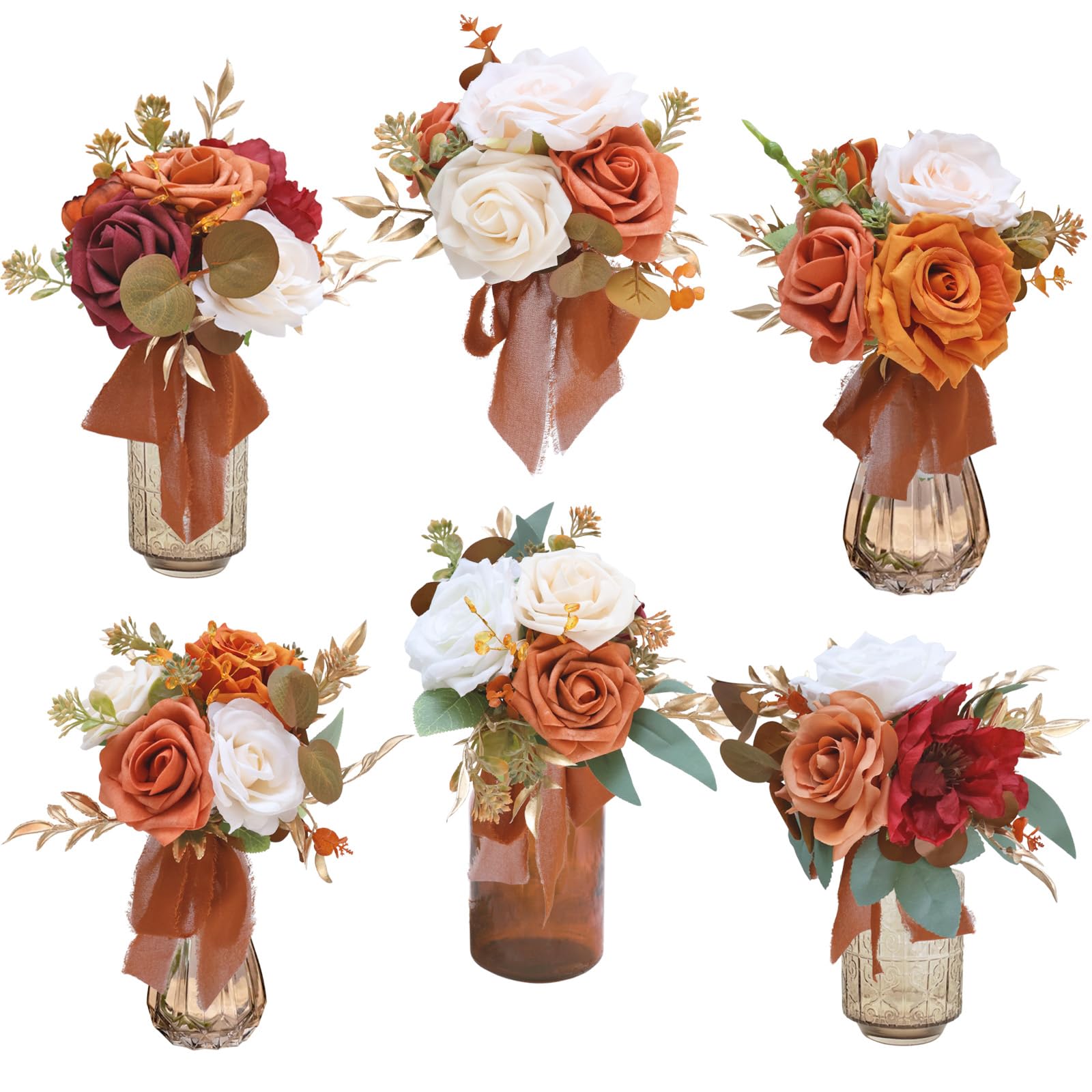 Photo 1 of Marriwise Set of 6 Assorted Wedding Flower Centerpieces Pre-Made Mini Bridesmaid Bouquets Artificial Flower Terracotta Table Decor for Fall Wedding Decorations Shower Home Decor