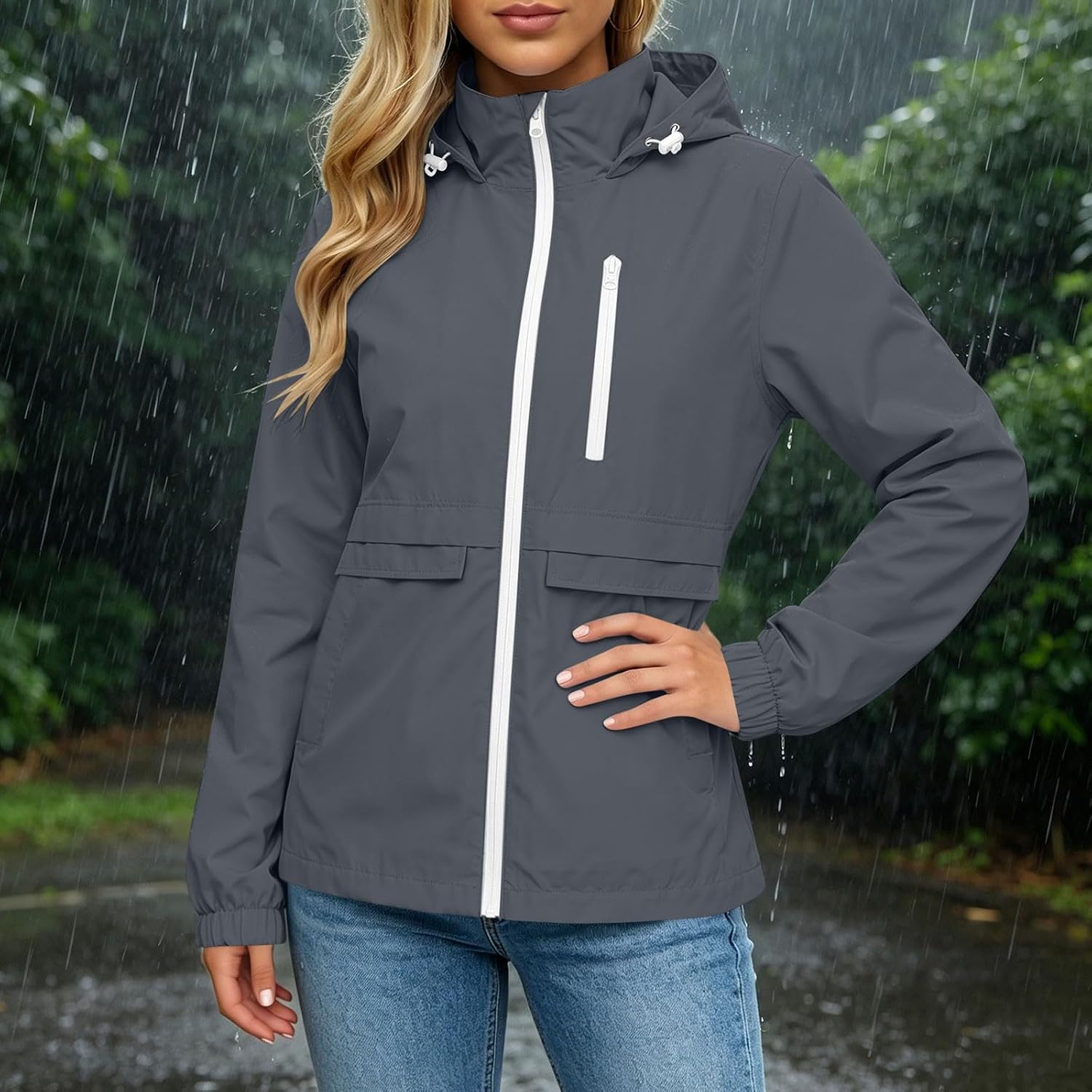 Technical Jacket for Women Hooded Zip Up Waterproof Windbreaker | Women's Lightweight Softshell Coat with Raglan Sleeve, Zip Pockets, Elastic Cuffs for Hiking Travel Outdoor Fall