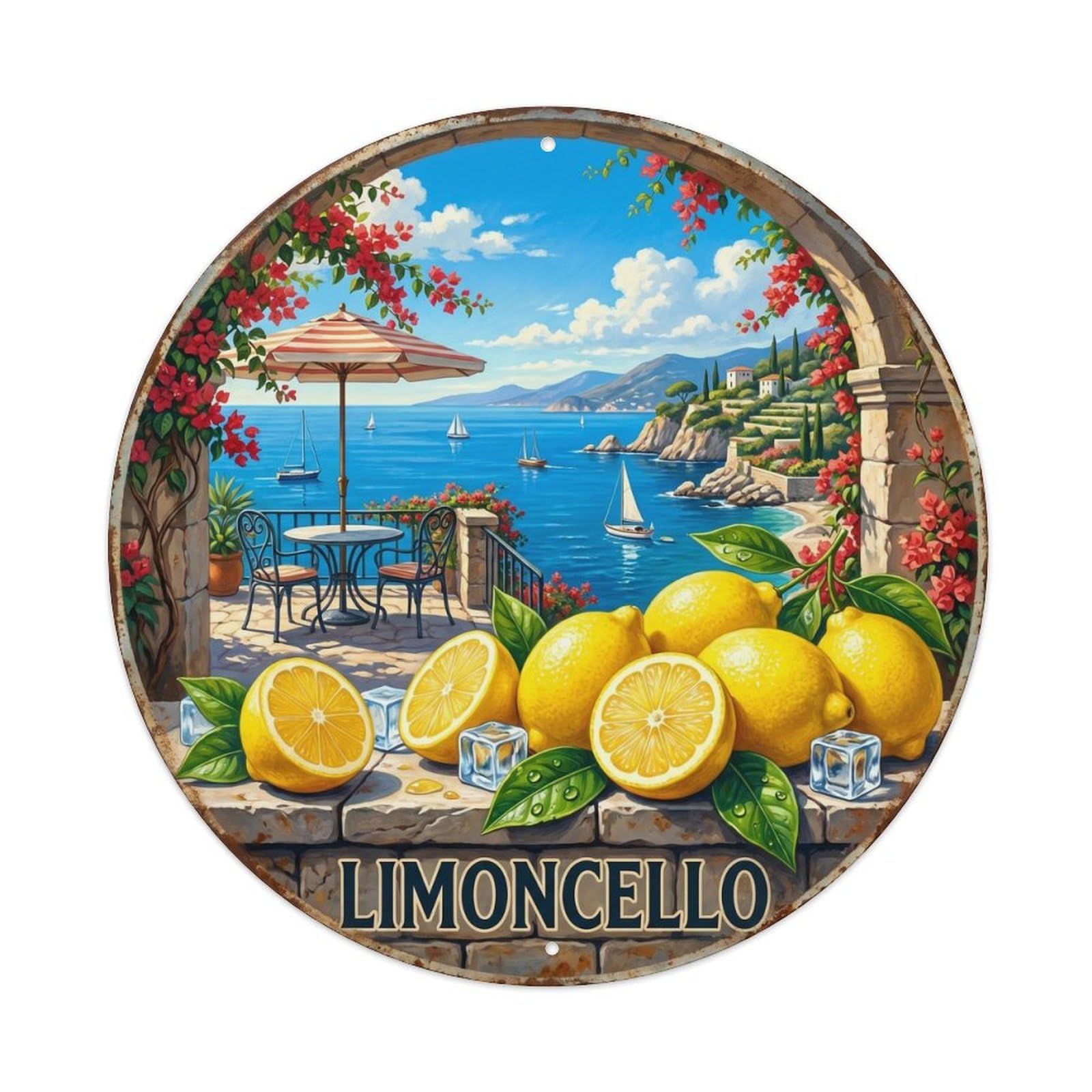 Fqcyn Style Sunshine Limoncello Moment Metal Tin Sign Plaque Wall Decor For Cafe, Club Bar, Office, Home Garden Round Metal Poster 8X8inch