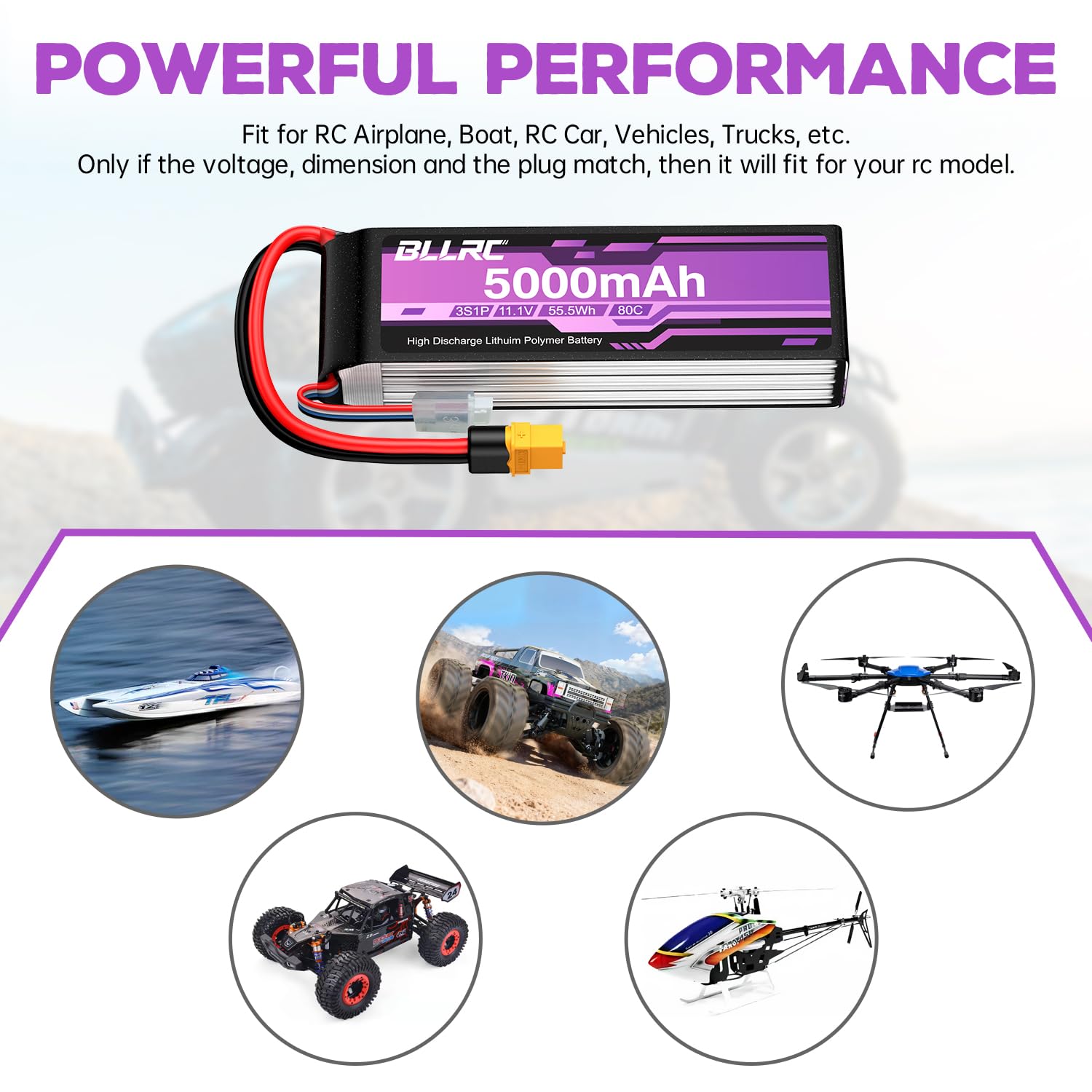2PCS 11.1V 5000mah 3S 80C Lipo batería con Conector XT60 para Coches RC, vehículos Todoterreno, cuatrocópteros y Drones