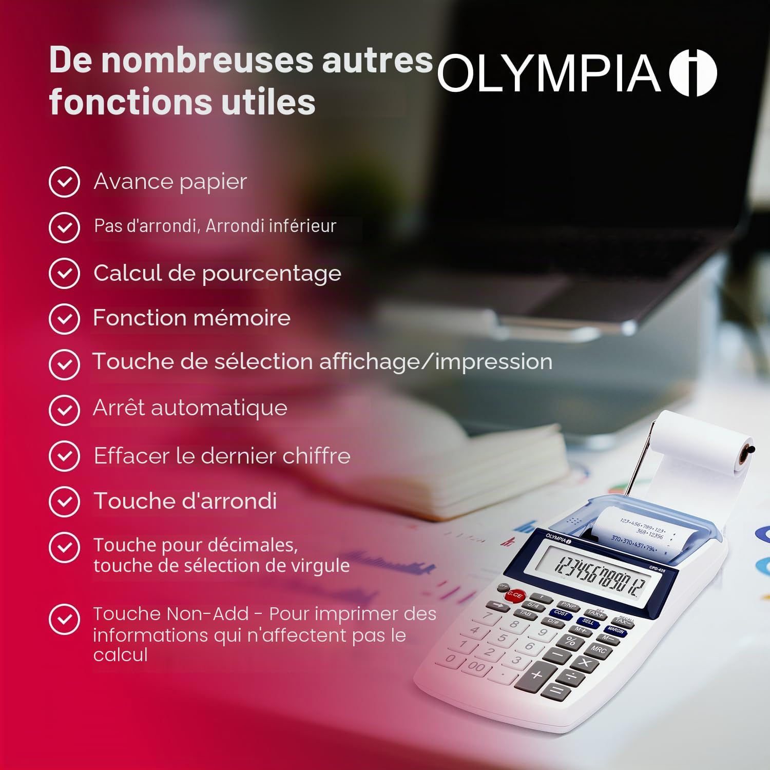 Olympia Calculatrice de bureau avec rouleau de papier, écran LCD 12 chiffres, largeur 57 mm