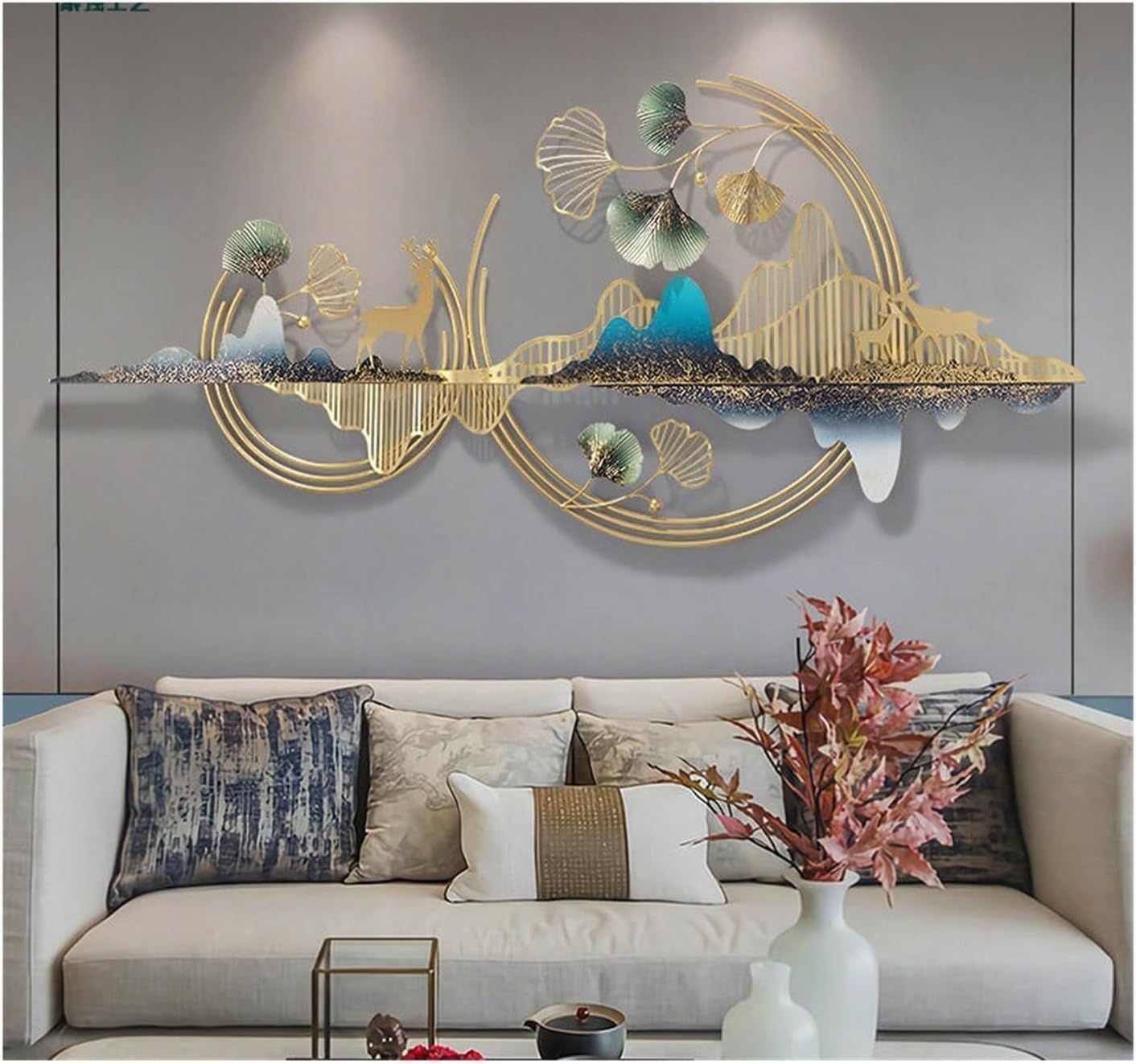 SanBouSi Liście miłorzębu 3D, dekoracja ścienna do salonu, Feng Shui, metalowe obrazy, duża, złota, idealna dekoracja, do salonu, sypialni, kuchni, 110 x 52 cm