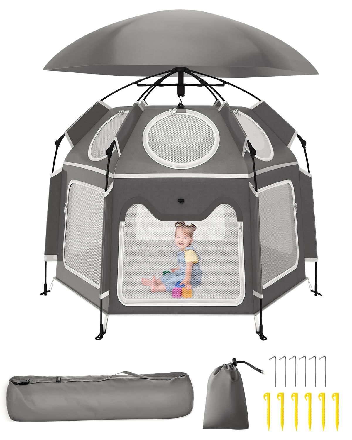 Pop-Up Portable Baby Playpen with UV Canopy, Waterproof Outdoor & Indoor Play Tent, Breathable Mesh Sides, Quick Setup Folding Baby Play Yard with Carry Bag & Stakes 63"