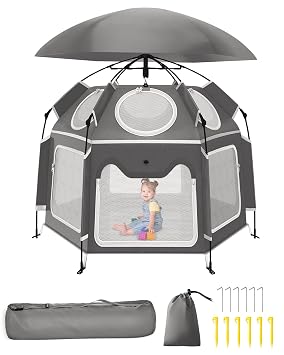 Pop-Up Portable Baby Playpen with UV Canopy, Waterproof Outdoor & Indoor Play Tent, Breathable Mesh Sides, Quick Setup Folding Baby Play Yard with Carry Bag & Stakes 59"