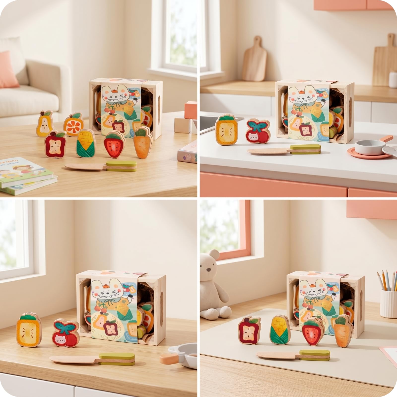 Sharplace Children Kitchen Playthin Kit de Alimentos de Madera Juguete de Cocina para Niños Caja Sólida con Tapa Ilustrada Cuchillo Juguete Piezas de Comida, Postres