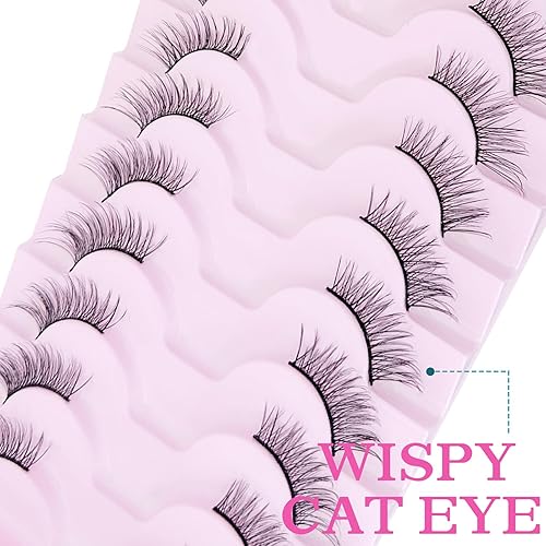 Miniatura 6 de SLSXNL Pestañas postizas de aspecto natural, con banda negra, esponjosas, ojo de gato, 10 pares reutilizables de media pestaña