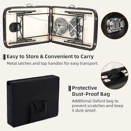 Miniatura 9 de ABET Mesa de masaje de 28 pulgadas de ancho, cama de tatuaje de spa, espuma viscoelástica, piel sintética, profesional, 2 pliegues, portátil,