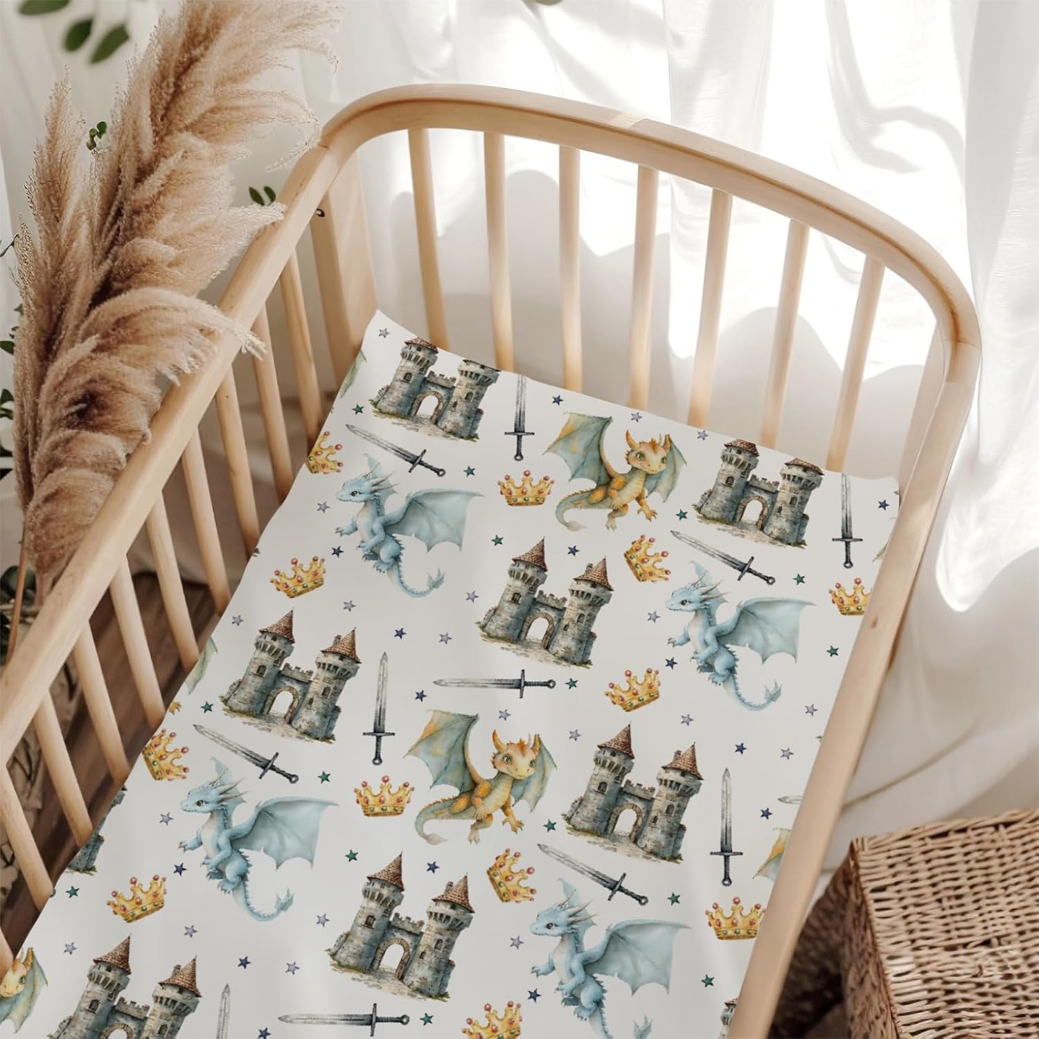 Fairytale Dragon Castle Fitted Baby Crib Sheet for Boys Girls 52x28Inch Breathable Cute Dragons Crown Stars Baby Sheet for Standard Crib and Toddler Bed Mattress Nursery Bed Dragon One Size
