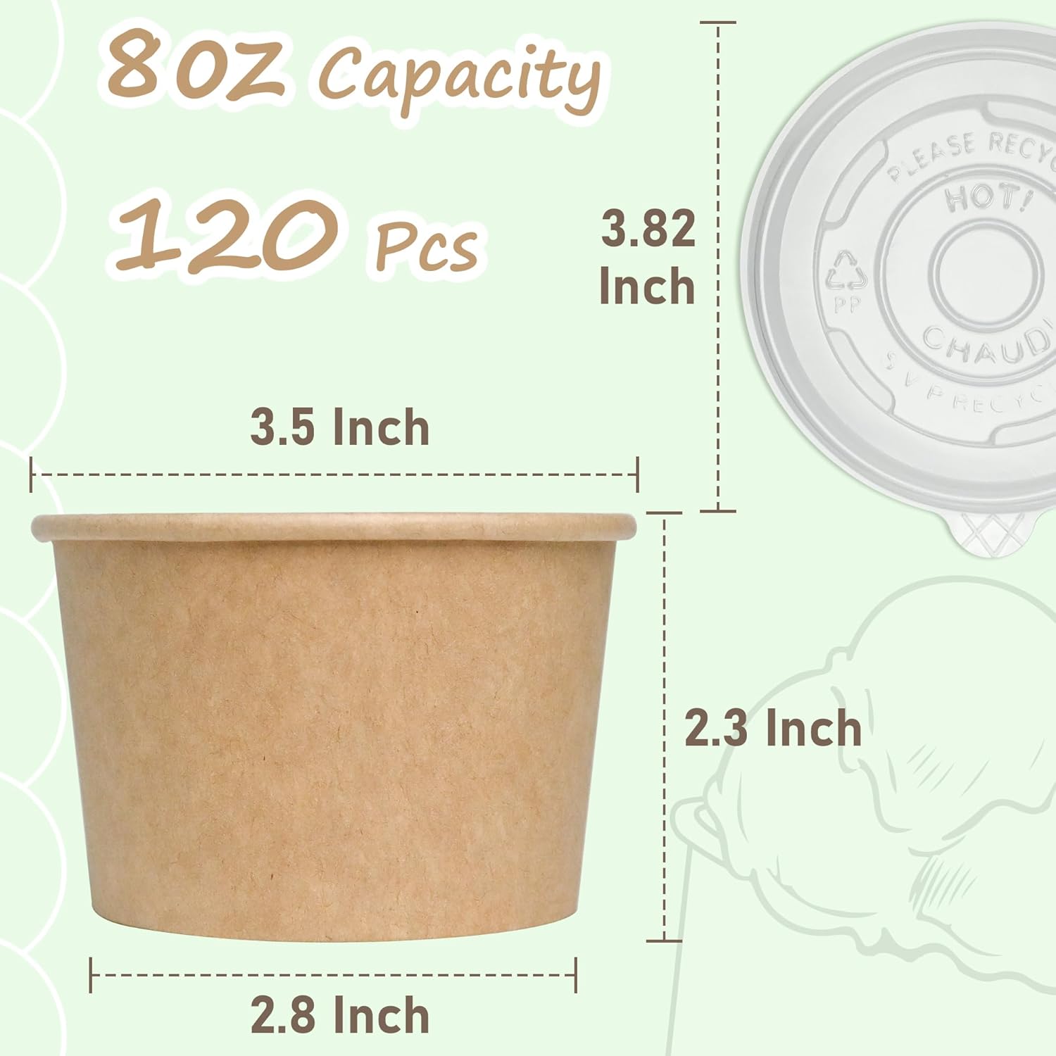 ESSENTIAL Paper Ice Cream Cups with Lids, 120pcs 8oz Disposable Dessert Bowls with Lids for Hot or Cold Food, Paper Snack Containers for Sundae, Frozen Yogurt, Soup (Brown)