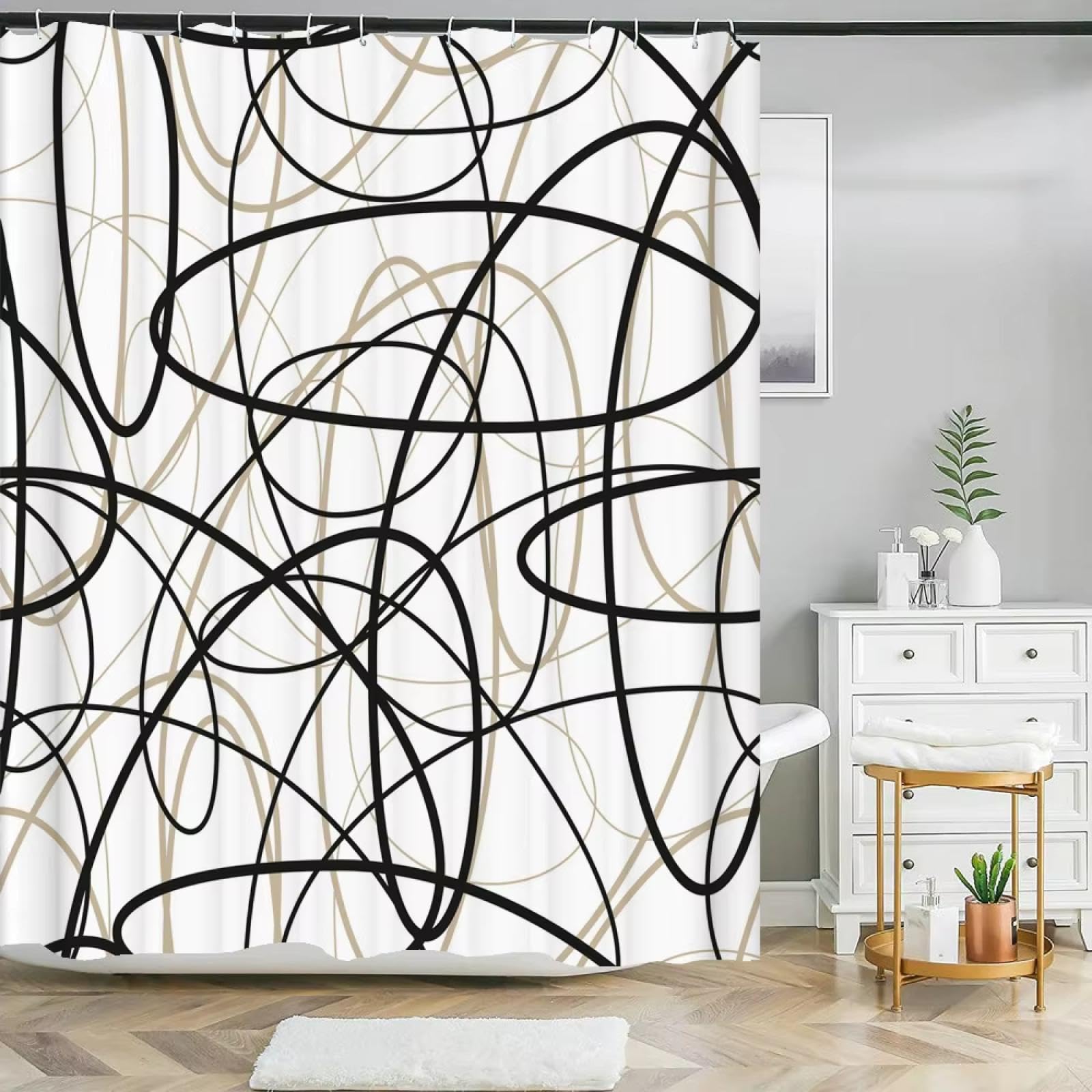 Rideau de douche imperméable motif art linéaire noir et blanc 100x200 cm