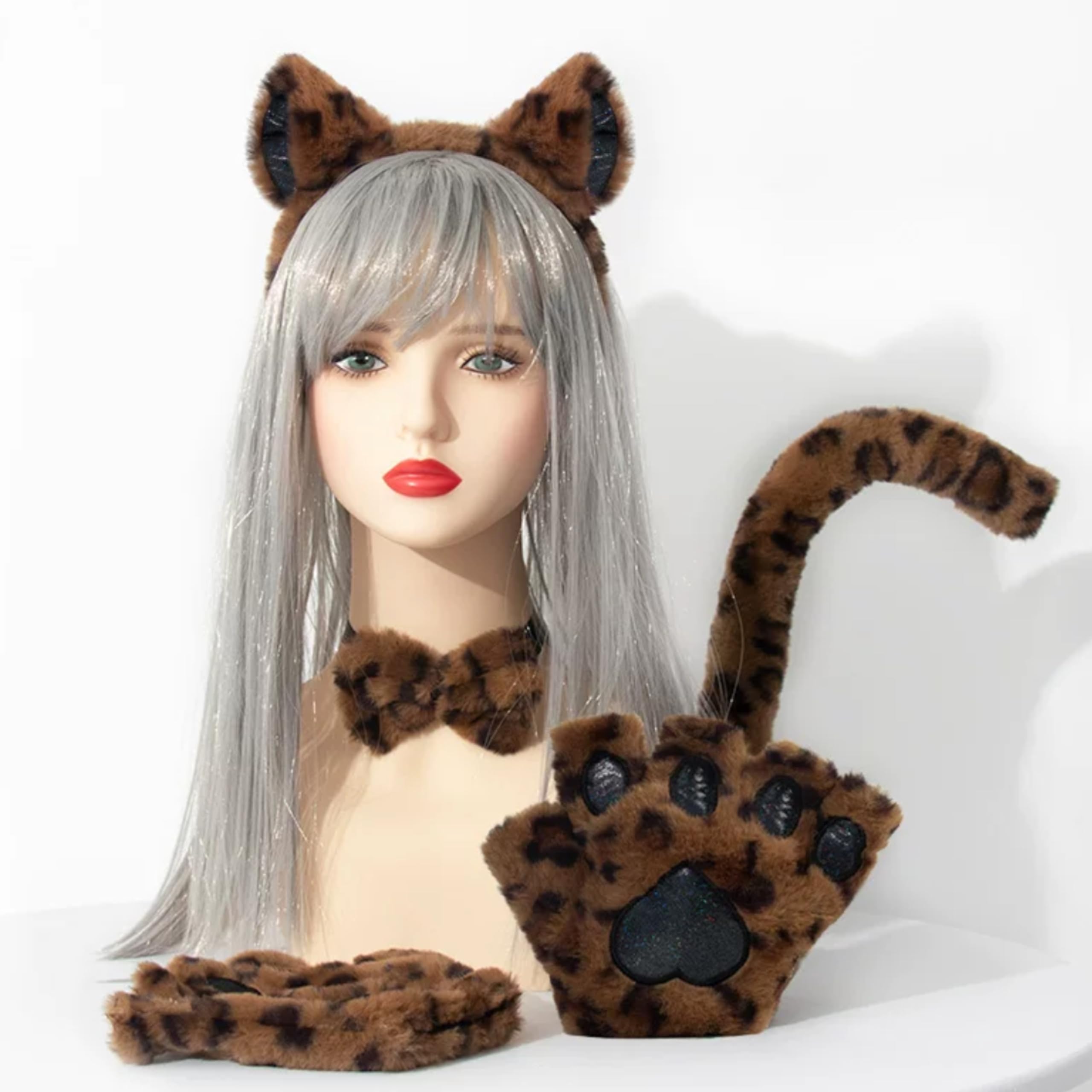 eBoutik Halloween Anime Cat Costume Set, Fluffy Ears Headband, Bowtie, Tail & Paw Gloves - Image 2