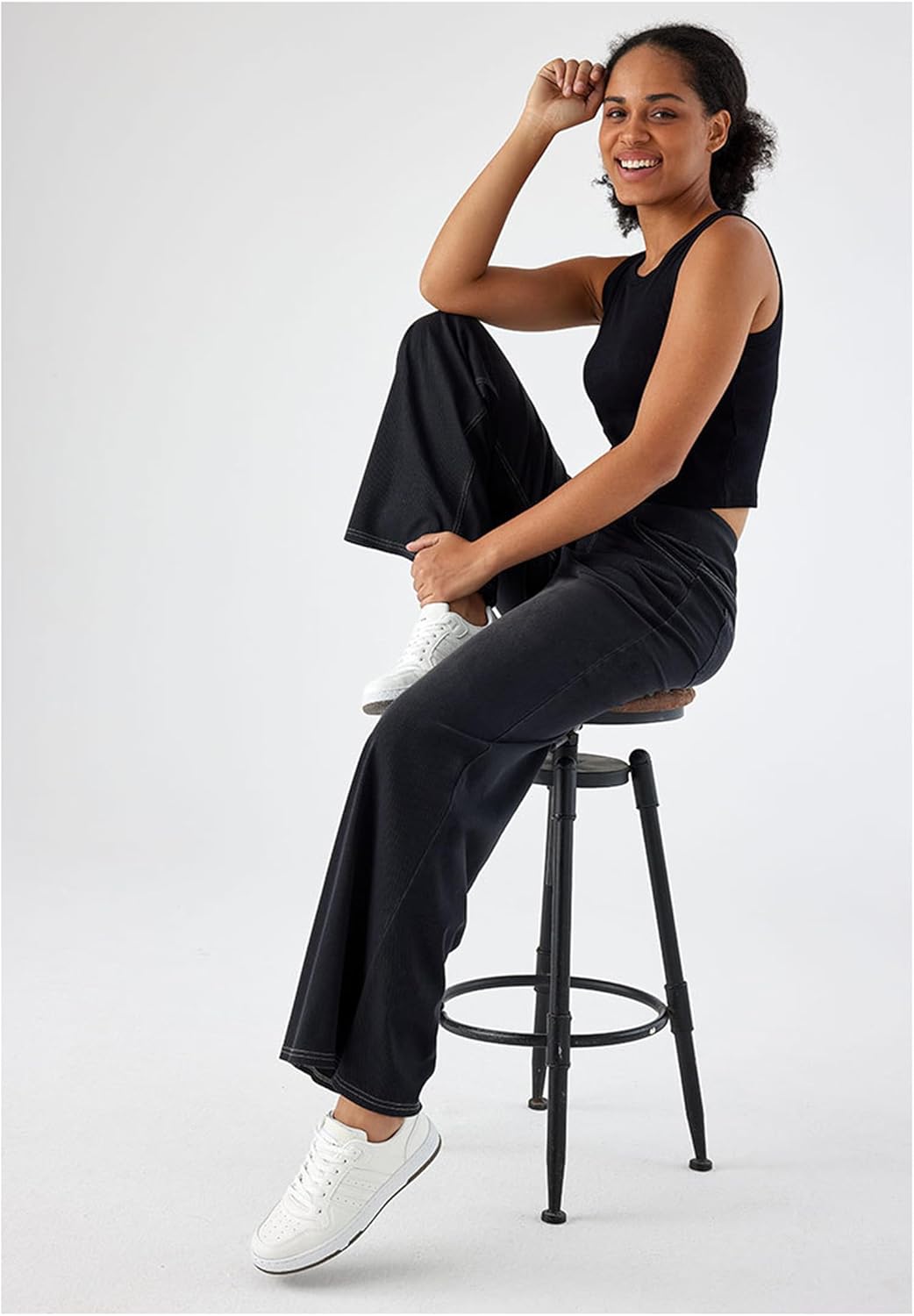 Womens Elastic Waist Jeans, Womens Straight Leg Sweatpants, High Waisted Stretchy Pull On Wide Leg Denim Pants with Pockets