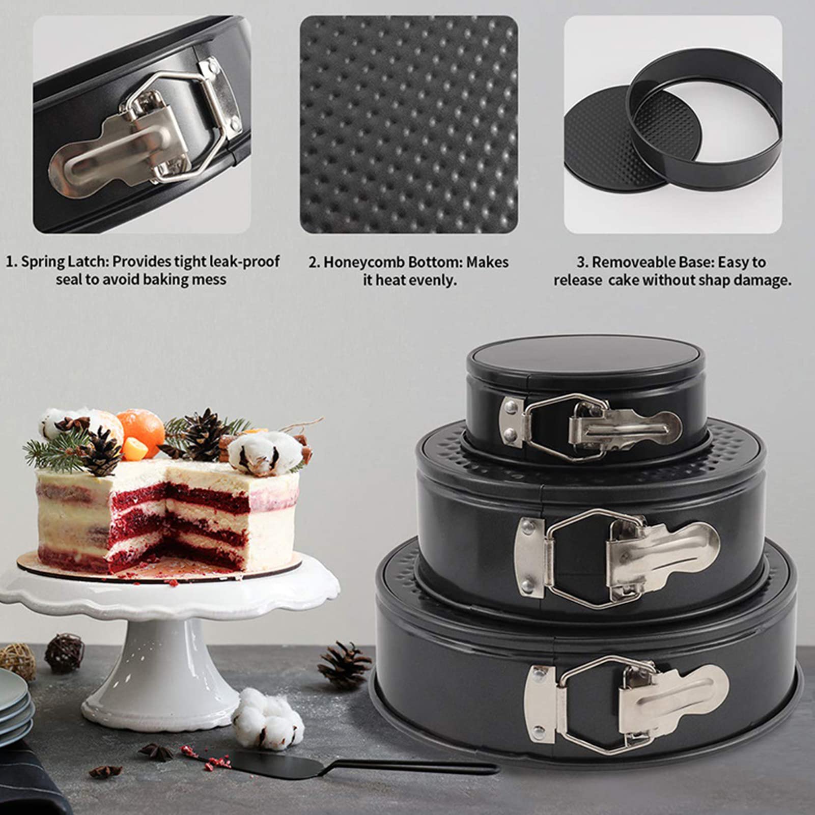Ensemble de moules à charnière (4"/7"/9") Ensemble de 3 moules à pâtisserie ronds, moule à gâteau antiadhésif et étanche avec brosse à huile en silicone, grattoir translucide, séparateur de blanc d'œu
