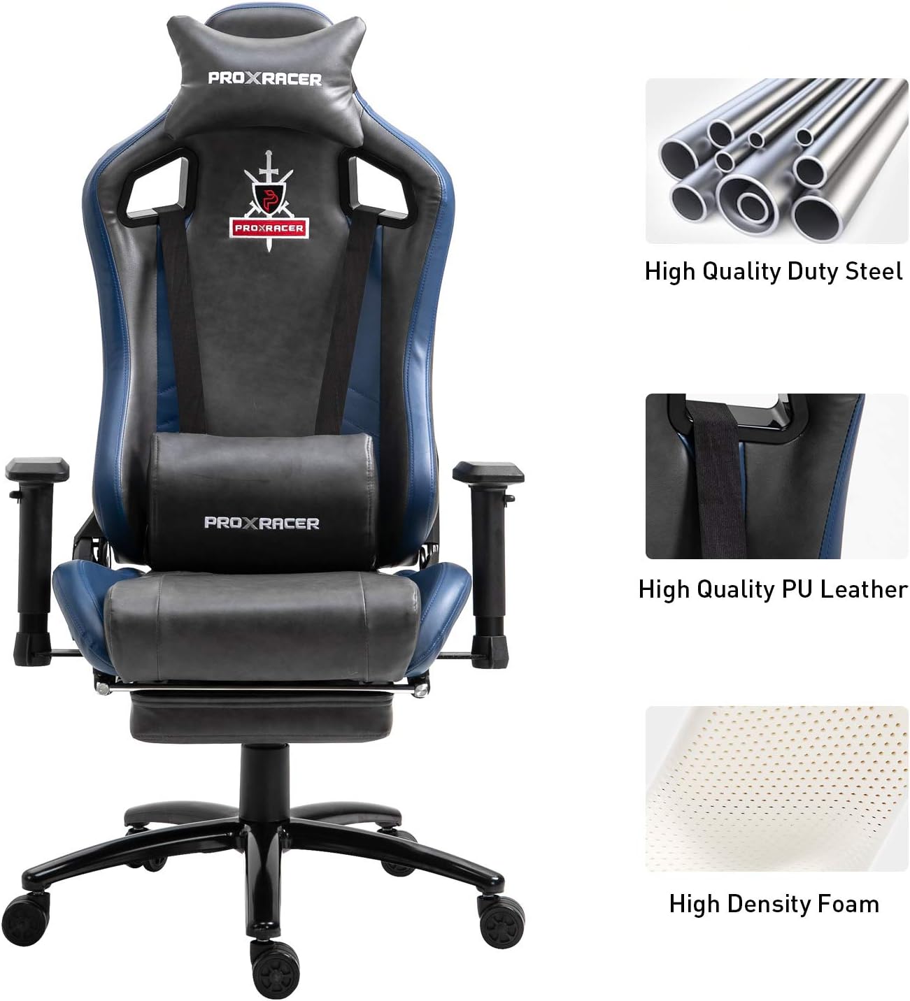 PROXRACER Massage Gaming Chair with Footrest Racing Chair Heavy Duty E-Sports Chair for pro Gamer Seat Height Adjustable Multi-Function Recliner with Headrest and Lumbar Support Pillow (Gray/Blue)
