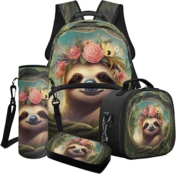 Suobstales Sloth Flower Print 4 in 1 Backpack for Kids Girls School Bag Set with Lunch Box Pencilcase Water Bottle Sleeve Lightweight Bookbag Elementary Kindergarten Preschool Schoolbag