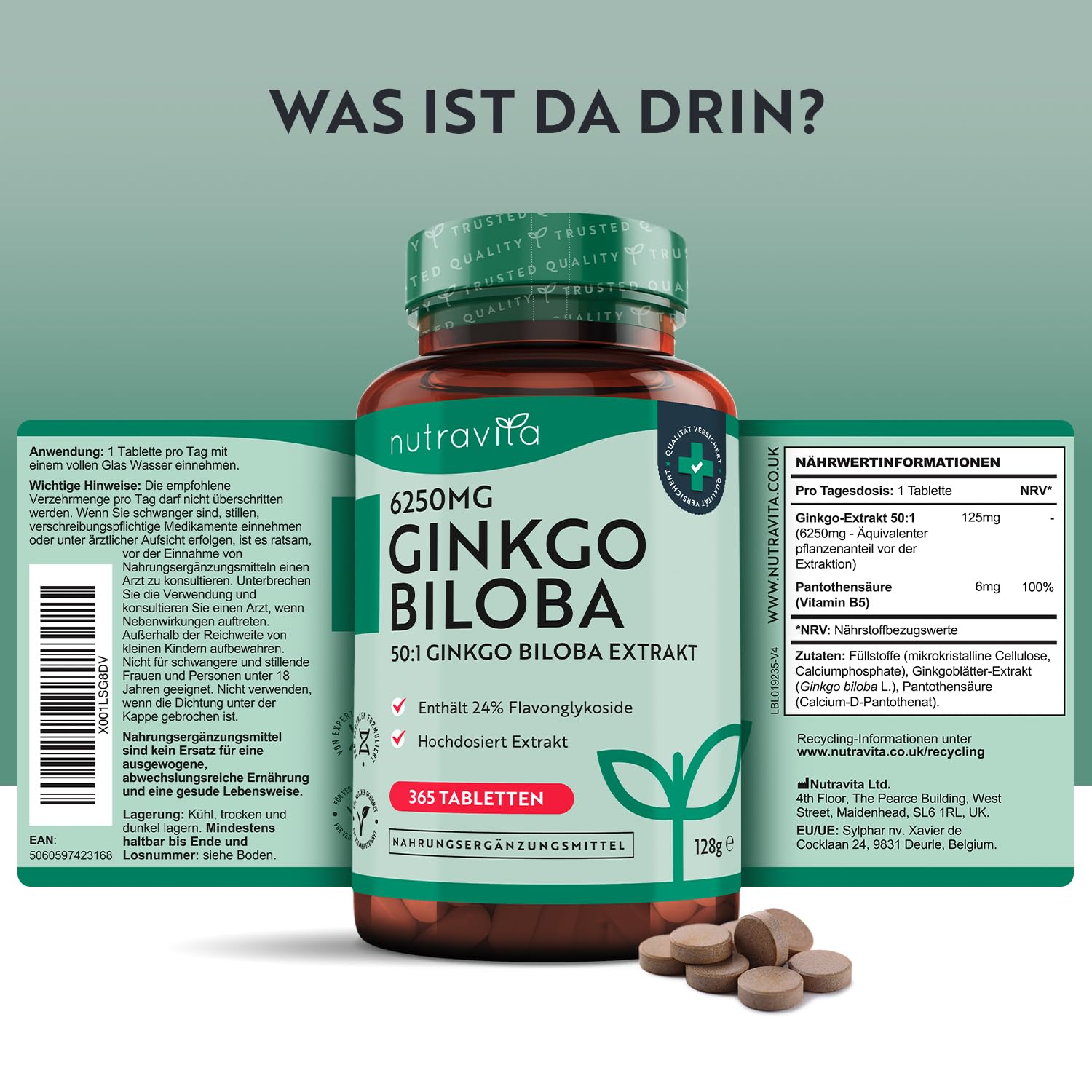 Ginkgo Biloba 6250 mg - 365 vegan Tabletten für 1 Jahr - Hochdosiert und premium Qualität Gingko - Ginko Extrakt hochkonzentriert - Extrakt 50:1 - Enthält 24% Flavonoglykoside - Nutravita