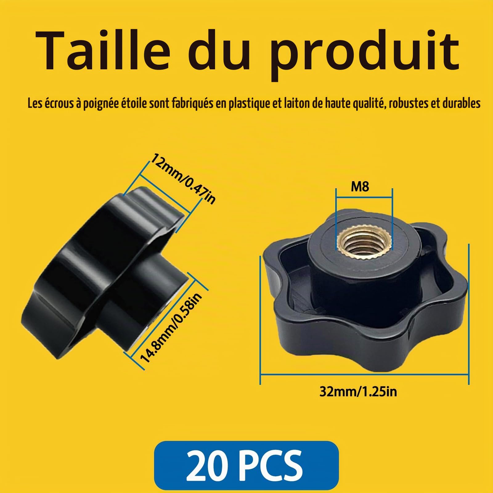 Lot de 20 écrous de poignée en forme d'étoile - Filetage intérieur M8 x 32 mm - Bouton de serrage - En plastique noir - Écrou moleté - Pour appareils mécaniques, industriels et électroniques