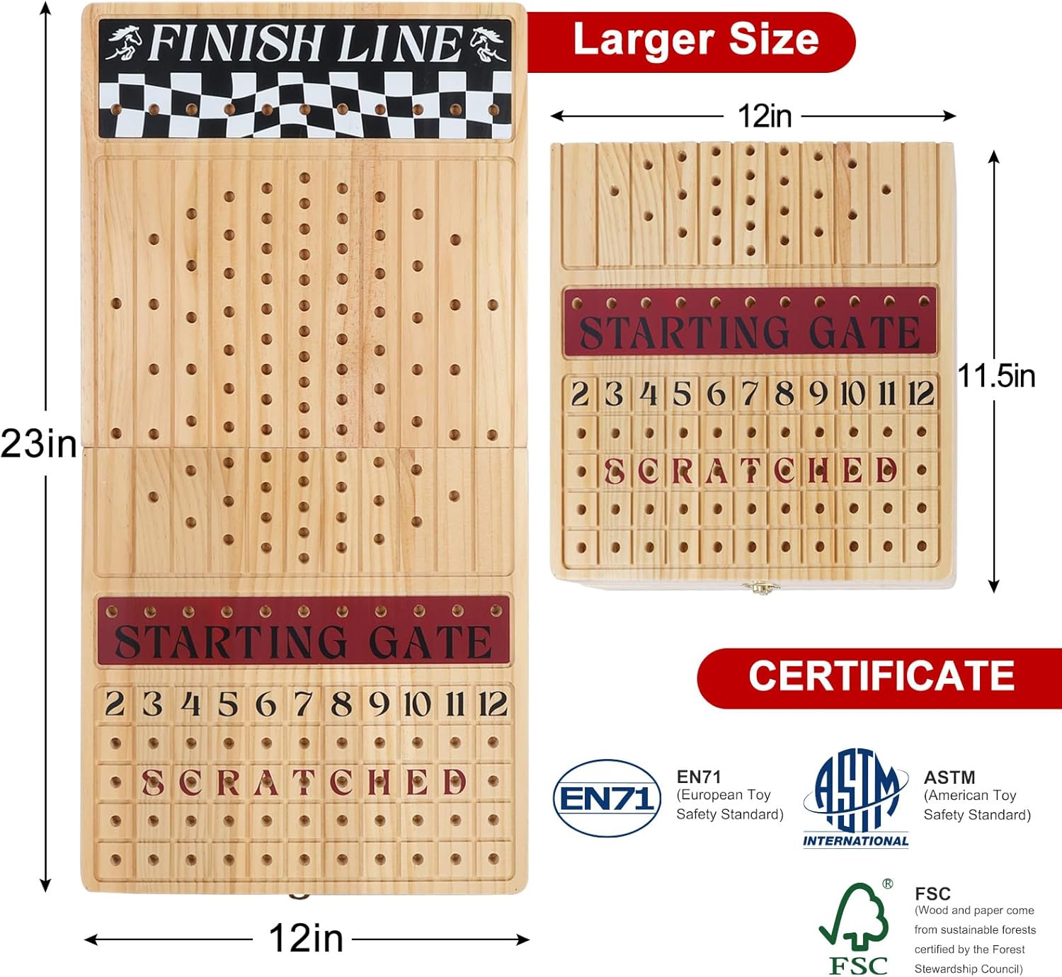 Large 23 inches Horse Race Board Game, Premium Durable Foldable Wooden Box, Horse Racing Game with 11 Retro Metal Horses, 2 Dices and 2 Playing Cards Fun Family Night Games for Adults Kids