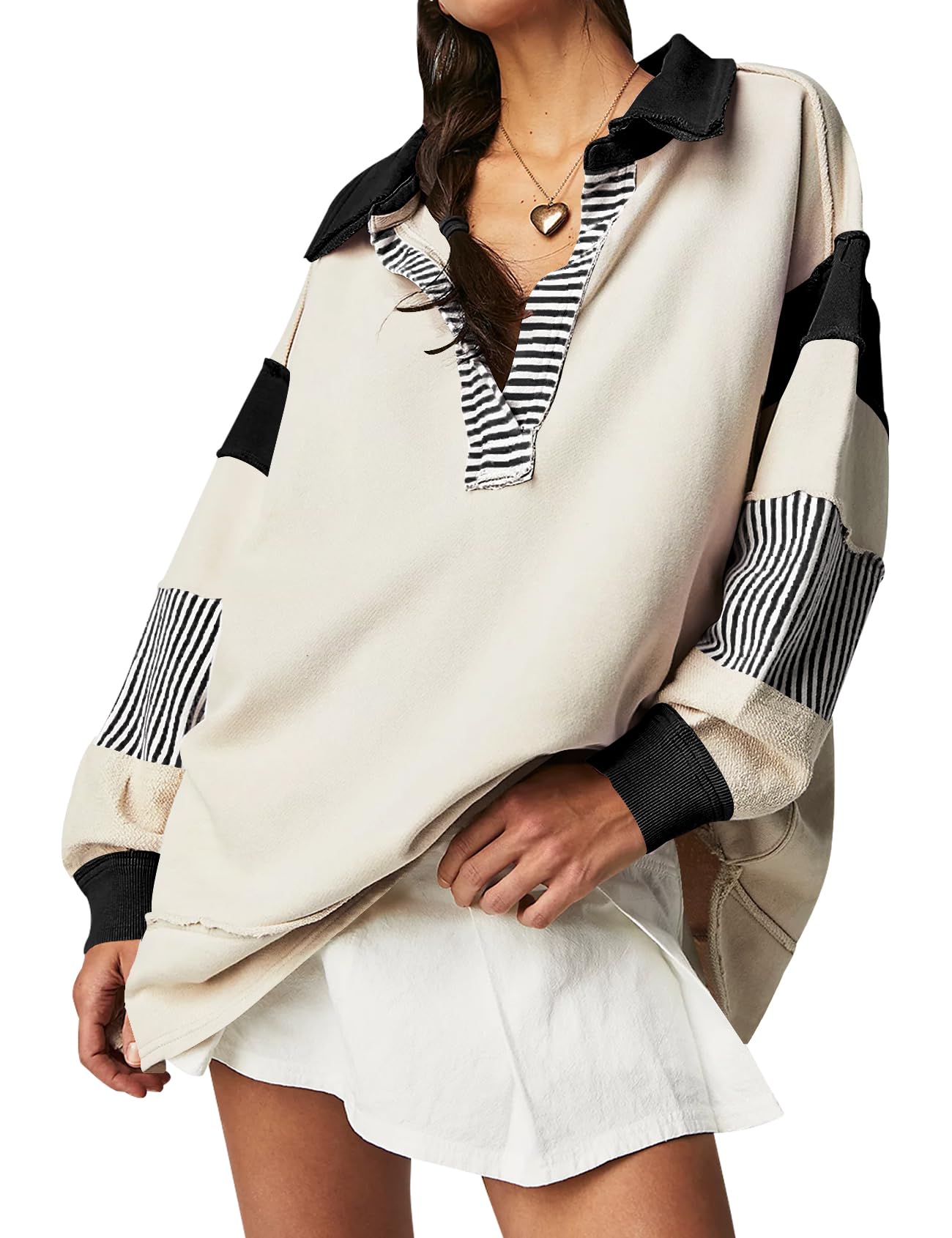 UgerlovWomen's Oversized Sweatshirt Lapel Collared V Neck Polo Shirts Pullover Color Block Striped Long Sleeve Tops