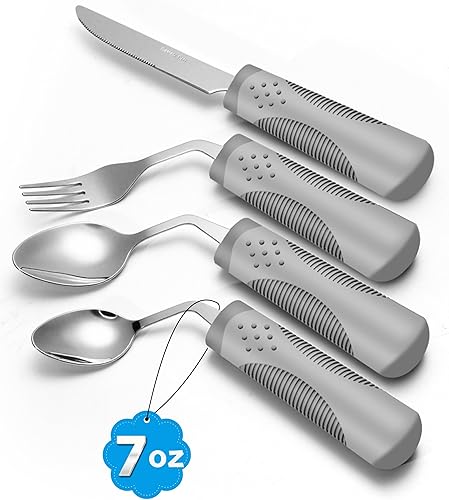 Utensilios adaptativos (juego de cocina de 4 piezas) con peso de 7 onzas  Utensilios en ángulo de 42 para pacientes de Parkinson, temblores de