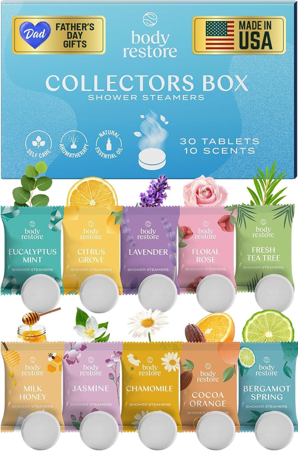 Body Restore Shower Steamers Aromatherapy 30 Pack - Christmas Stocking Stuffers for Men, Birthday Gifts for Women, White Elephant, Relaxation, Self Care, Bath Bombs - Collector’s Box