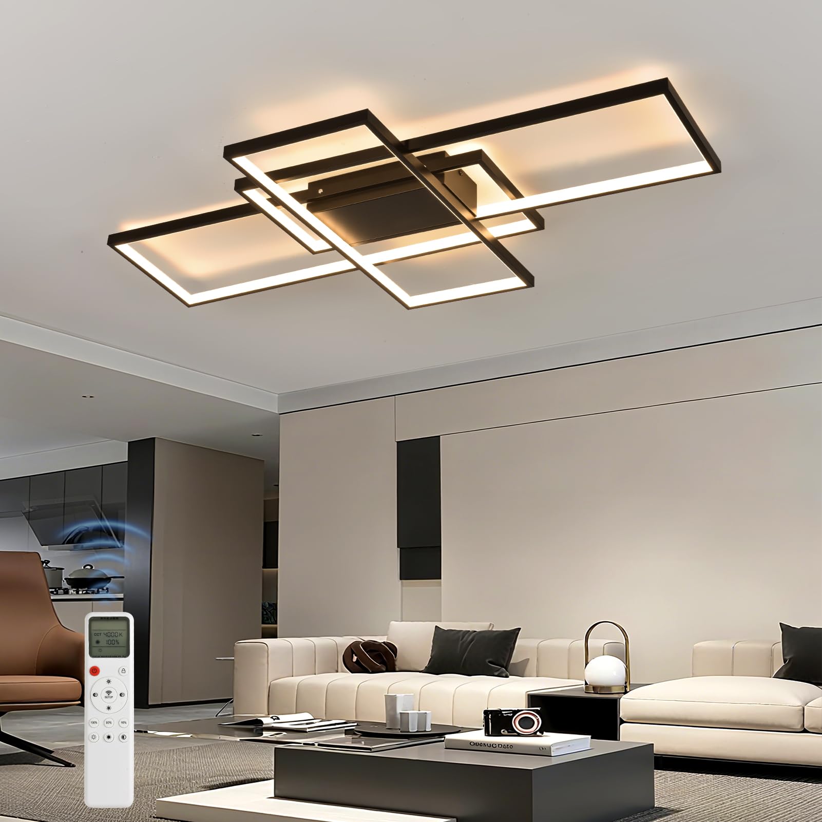 Plafonnier LED Dimmable 80CM 45W Luminaire Plafonnier Salon Noir