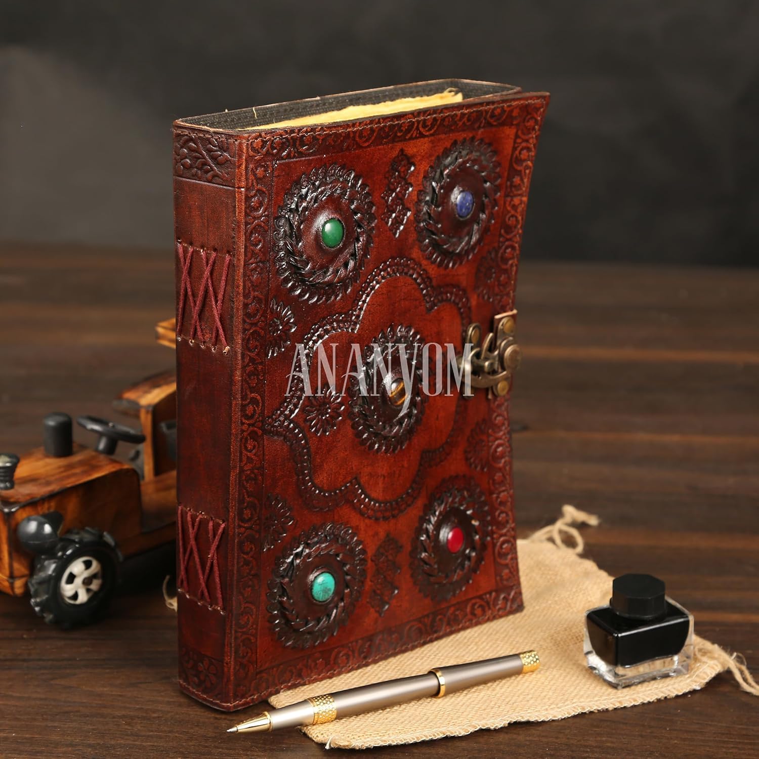 ANANYOM Handcrafted Leather Journal for Writing 5 Stone 10x7 inches Hand Embossed Design 200 Pages,Sketchbook with Brass Clasp Lock - Image 2