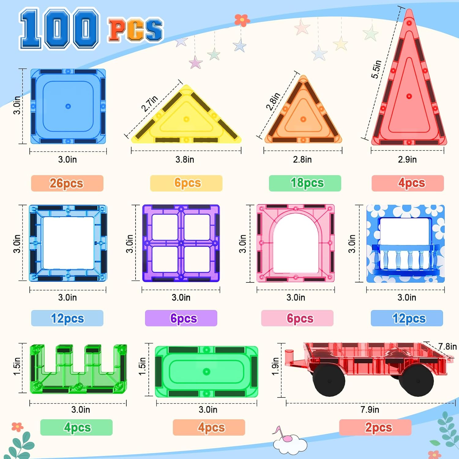 100PCS Magnetic Tiles STEM Building Toys Set with 2 Cars, Sensory Stacking Magnetic Blocks for Toddlers & Kids, Ideal for Preschool Montessori Toys Christmas Birthday Gifts for Boys & Girls Ages 3+