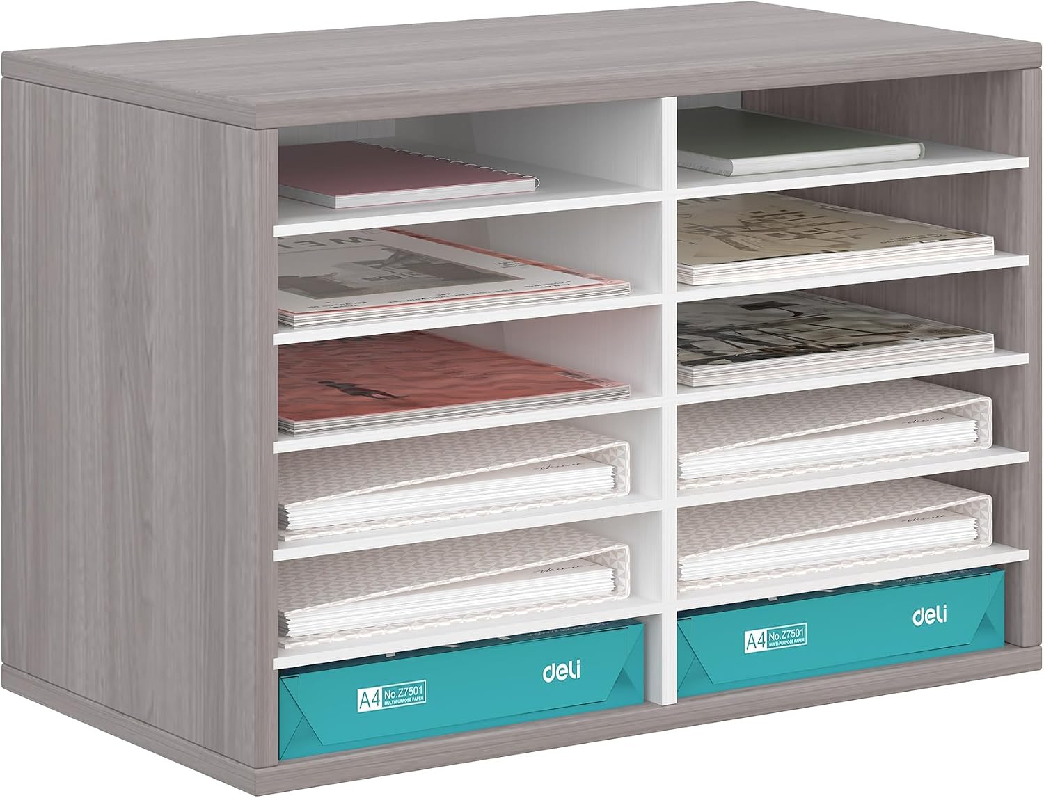 EasyPAG 12 Compartments Wooden Literature Organizer with Adjustable Shelves, 6000 Sheets Capacity Paper Organizer, Classroom Mailbox and Mail Sorter for Teachers and Office, Retro Gray/White