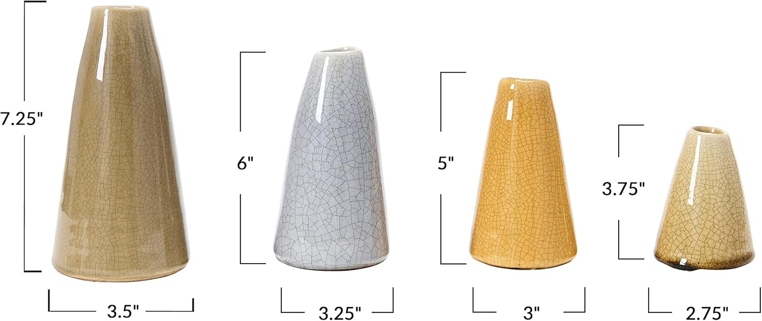 Creative Co-Op Conical Stoneware Bud Vases in Crackle Glaze, Beige/Mustard Tones, Set of 4