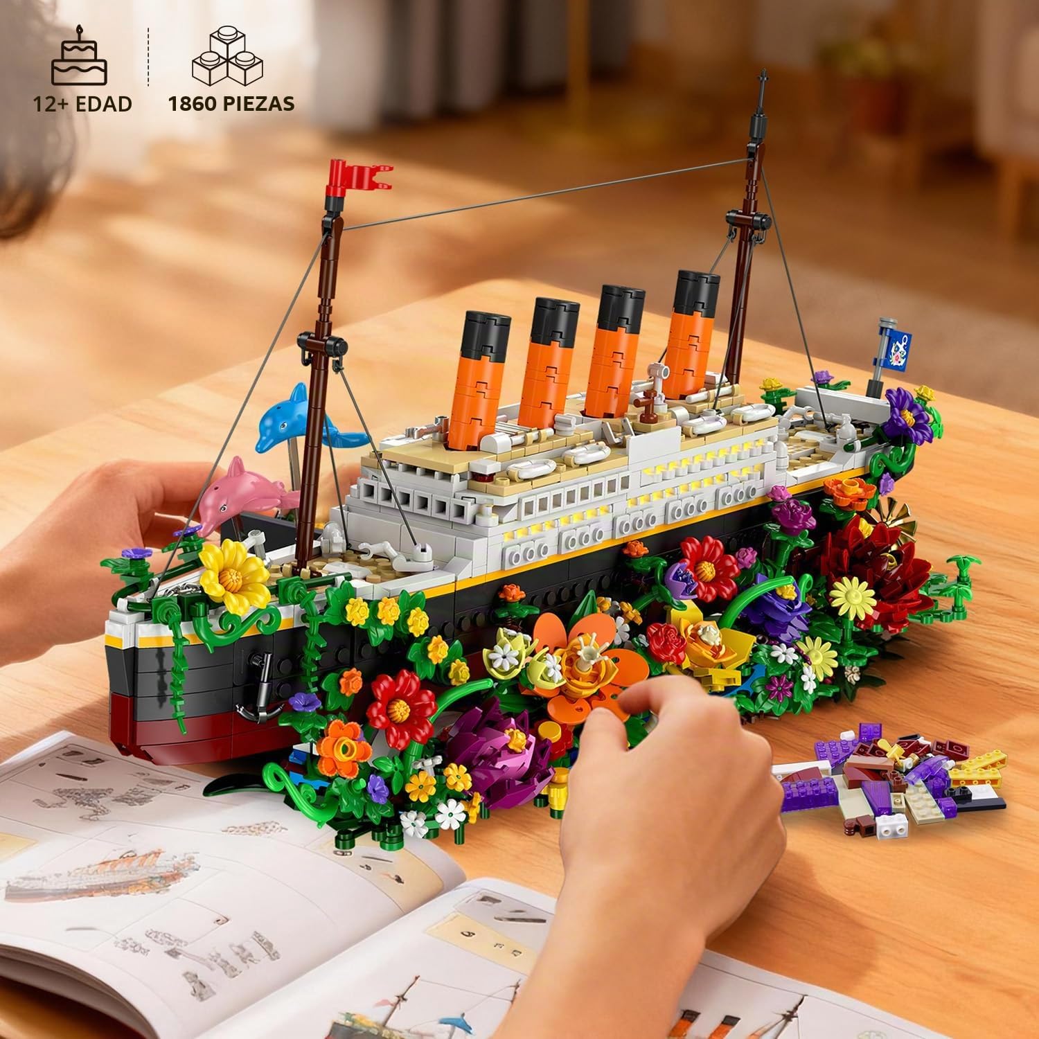INSOON Blumen Titanic Juguete de construcción con luz, barco Titanic con flores, delfines botánicos, 1860 piezas modelo de barco, ladrillos de sujeción, regalo para adultos, niños, niños y niños