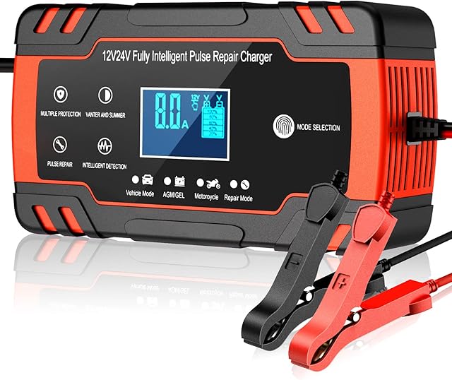 Husgw Car Battery Charger,8A 12V/4A 24V Car Battery Charger, Leisure Battery Charger,Automotive Smart Portable Battery Charger Maintainer/Pulse Repair Charger Pack for Car, Motorcycle, Lawn Mower(Red