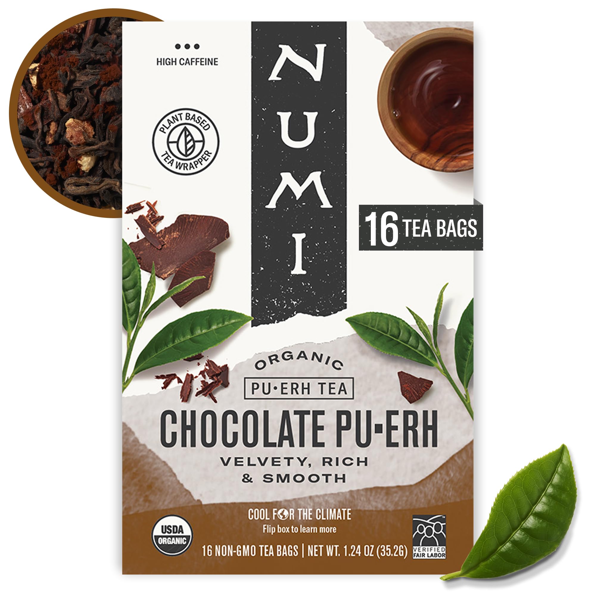Numi Organic Chocolate Pu-erh Tea, 16 Tea Bags, Aged Yunnan Pu-erh Black Tea with Cocoa & Orange Peel (Packaging May Vary)USDA Organic