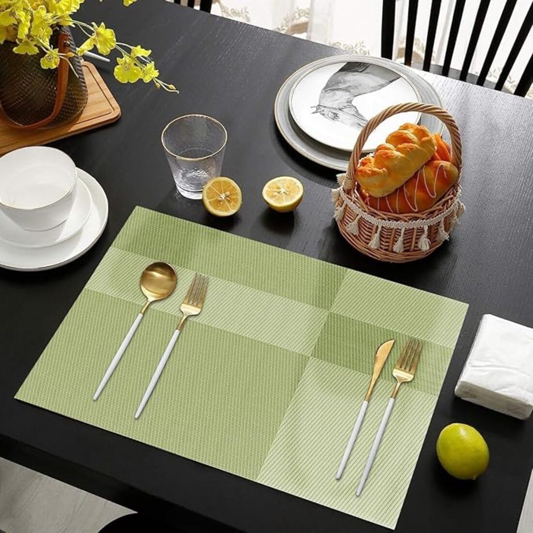 Potency Table Mats Set of 4, Woven Placemate for Dining Table, Heat-Resistant Placemats Stain Resistant Anti-Skid Washable PVC Table Mats, Vinyl Placemats for Dining Kitchen Restaurant Table (L-Green) 1
