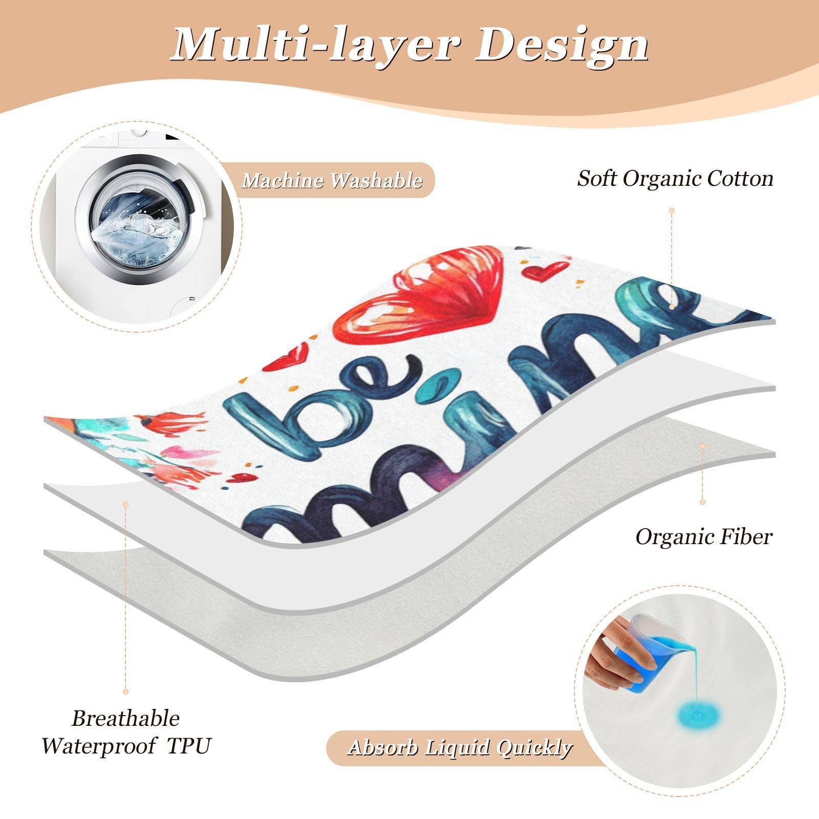 Extra Large Resuable Changing Pad Covers Water Resistant Bed Wetting Pad Non-Slip Cradle Mattress for Infant Baby 52x34in Valentines Day Flowers Heart Love Be Mine