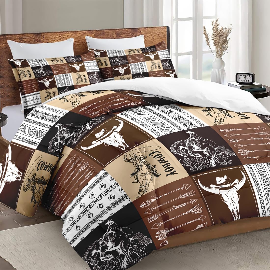 Queen Size Comforter Set with 2 Pillowcases, Cowboy Vintage Brown Desert 3 Pcs Bedding for Kids and Adults, Western Animal Cow Soft Comforter Set for Bedroom Bed Decor - Image 3
