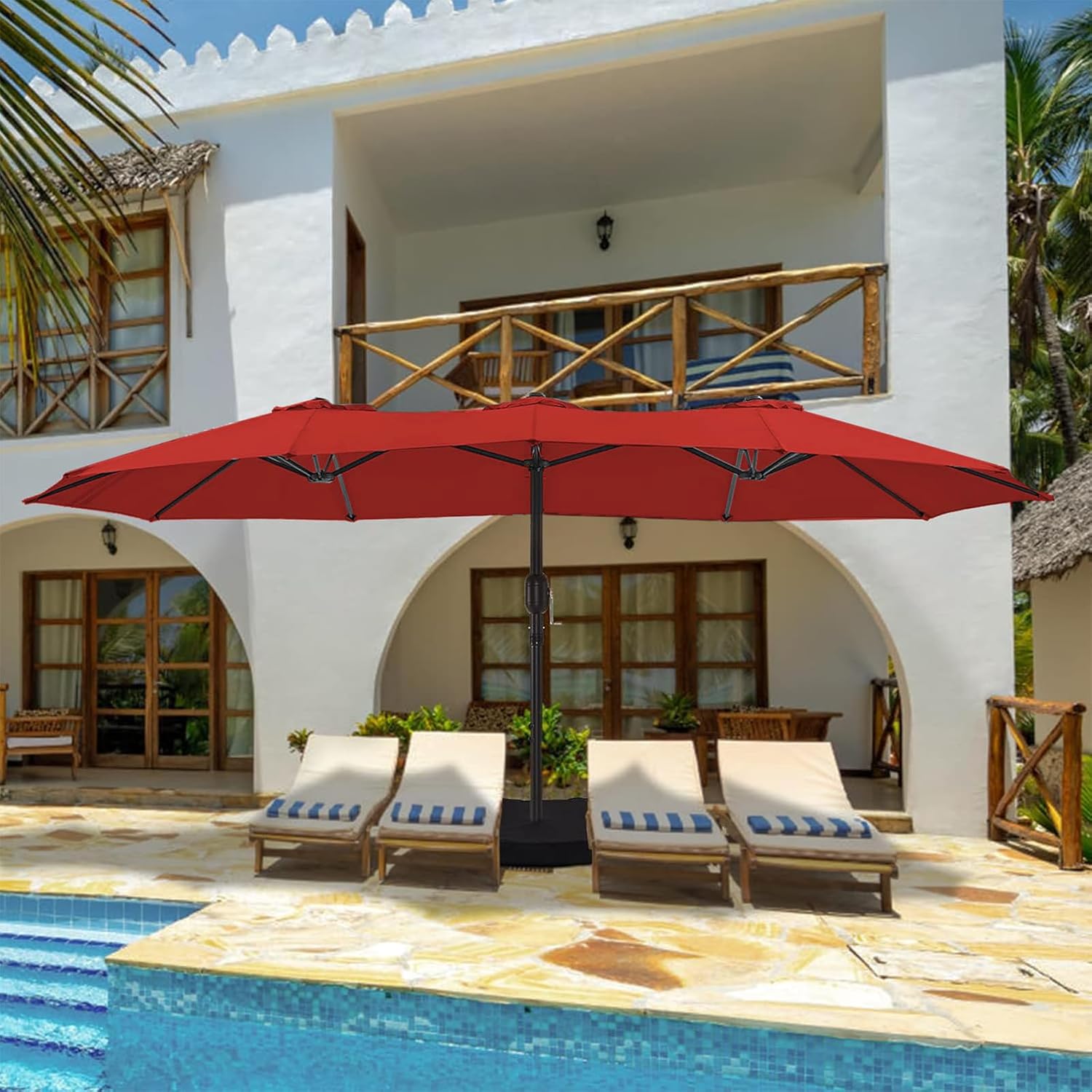 wikiwiki 15ft Large Patio Umbrellas with Base Included, Outdoor Double-Sided Umbrella with Crank Handle, Powerful UV Protective, for Pool Lawn Garden, Burgundy Red