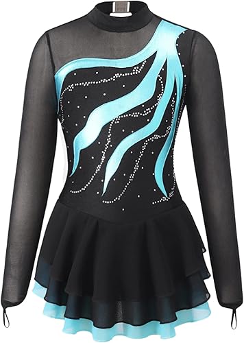 TSSOE Vestido de patinaje artístico de manga larga con lentejuelas para niños y niñas, ilusión, ballet, bailarina