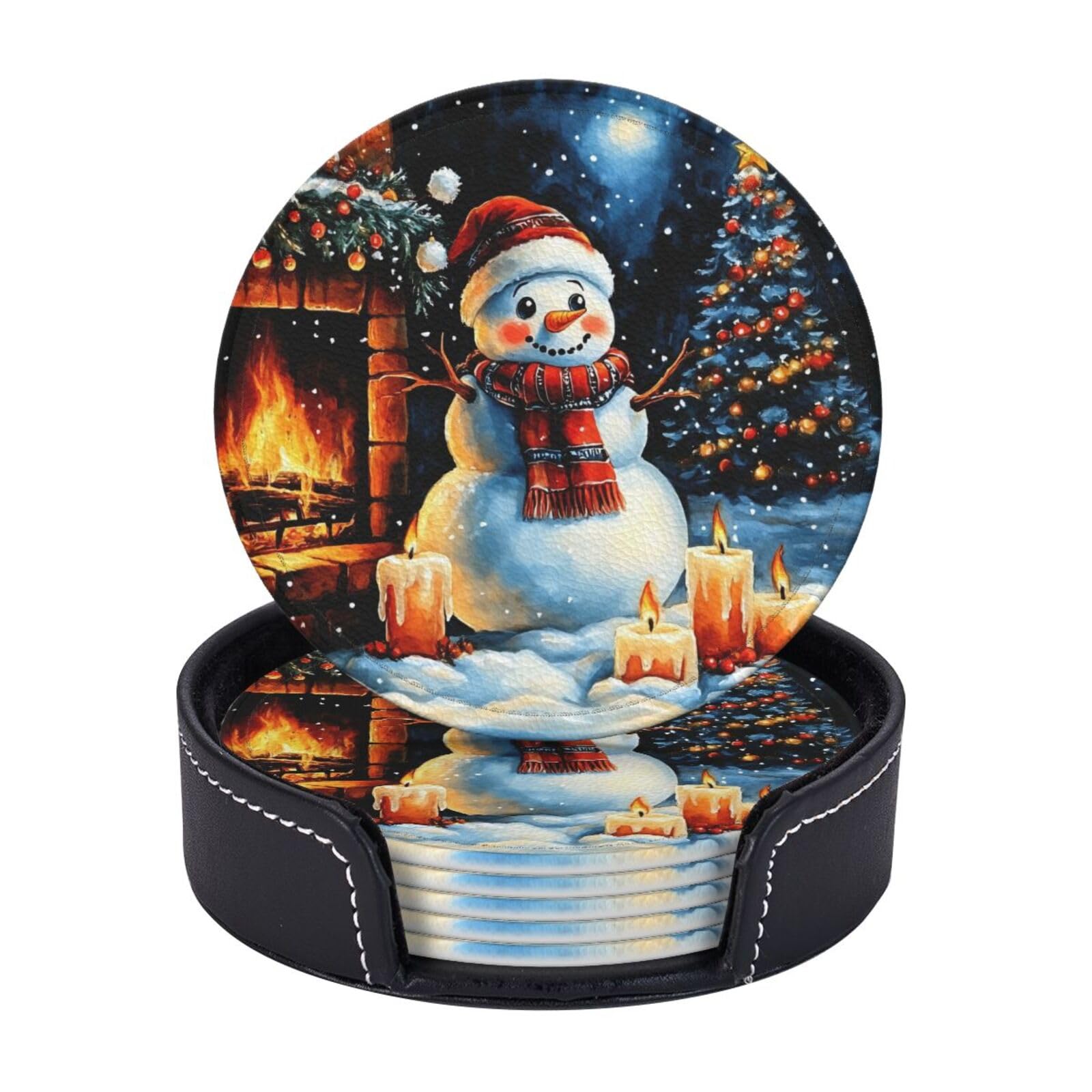 6 Pack Christmas Vintage Snowman Leather Coasters for Drinks with Holder Sets Cute New Year Heat Resistant Drink Table Cup Coasters for Kitchen Dining Cafe Xmas Table Decor Round