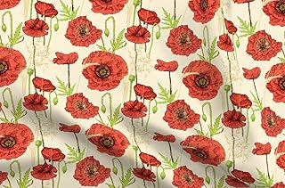 Spoonflower Fabric - Poppy Meadow Red Scarlet Blossom Poppies Blue Orange Printed on Cotton Poplin Fabric Fat Quarter - Sewing Shirting Quilting Dresses Apparel Crafts