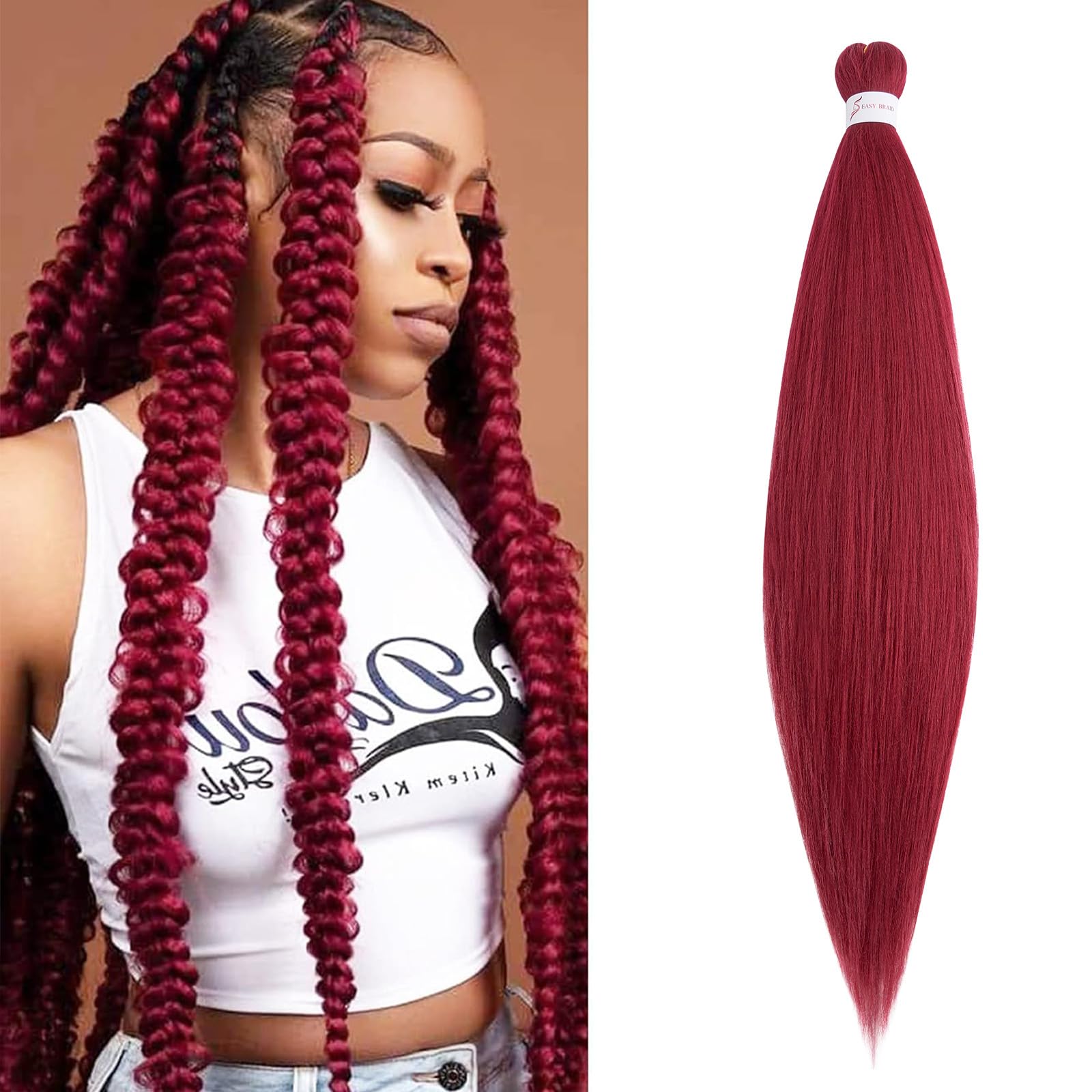 S-noilite Long EZ Braids Pre-Stretched Easy Braiding Hair Extensions for Crochet Box Twist Braids Ombre Yaki Texture Synthetic Hair Hot Water Setting,26 Inch 1Pack 90g,Dark Red
