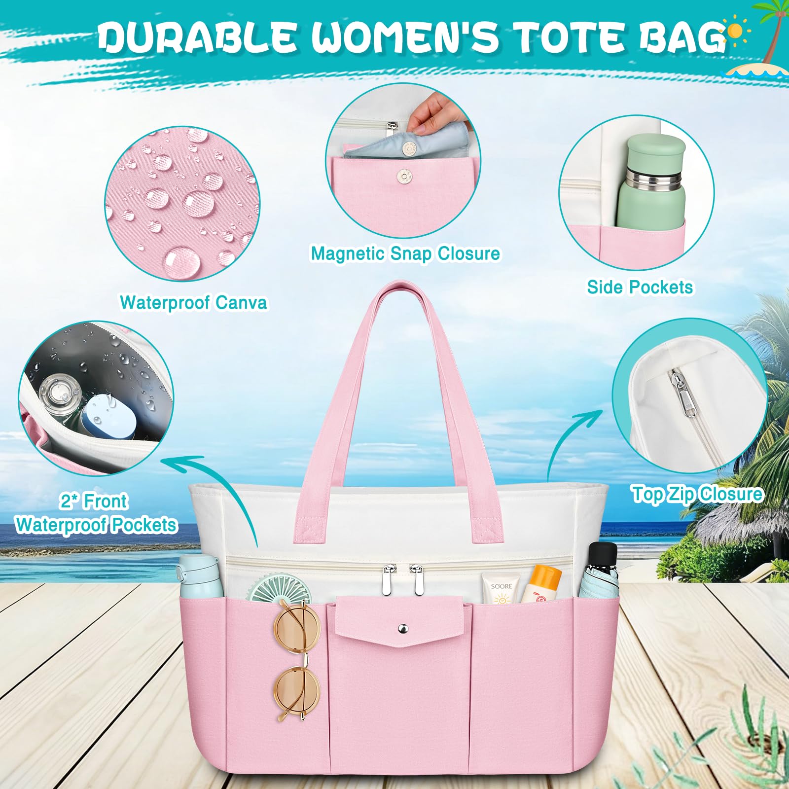 TEUEN Gran Bolso Shopper XXL Impermeable – Bolsa de Playa de Tela con Compartimento Impermeable y Cremallera, Bolsa de Viaje Ligera con Múltiples Bolsillos para Mujer