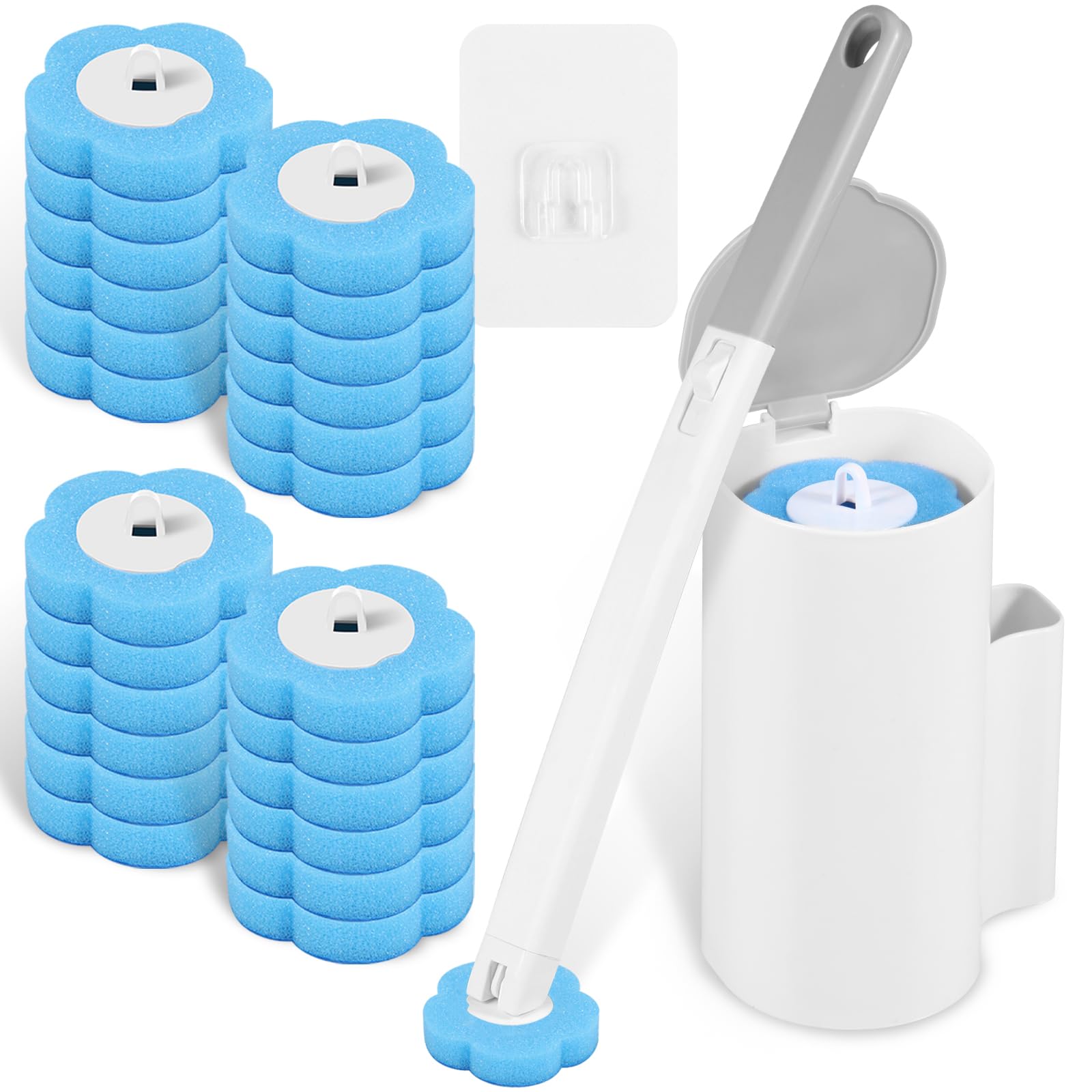 Nihuifdpy Grayish White+24Head Disposables Toilet Brush And Holder Set With 24 Cleaner Refills, Wall Mounted Bathroom Bowl Cleaning Wand System With Handle For Bathtub Sink Wash Basin (Grayish White+24Head)