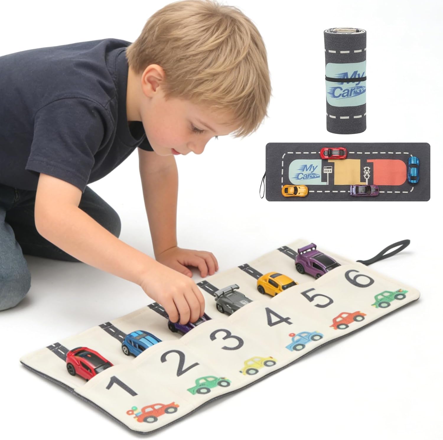 Portable Toy Car Storage Roll and Playmat - Travel Car Carrier Organizer Case for 6 Small Cars Compatible with Hot Wheels & Matchbox,Toddler Quiet Play Activity Mat for Airplane, Restaurant(ONLY CASE)