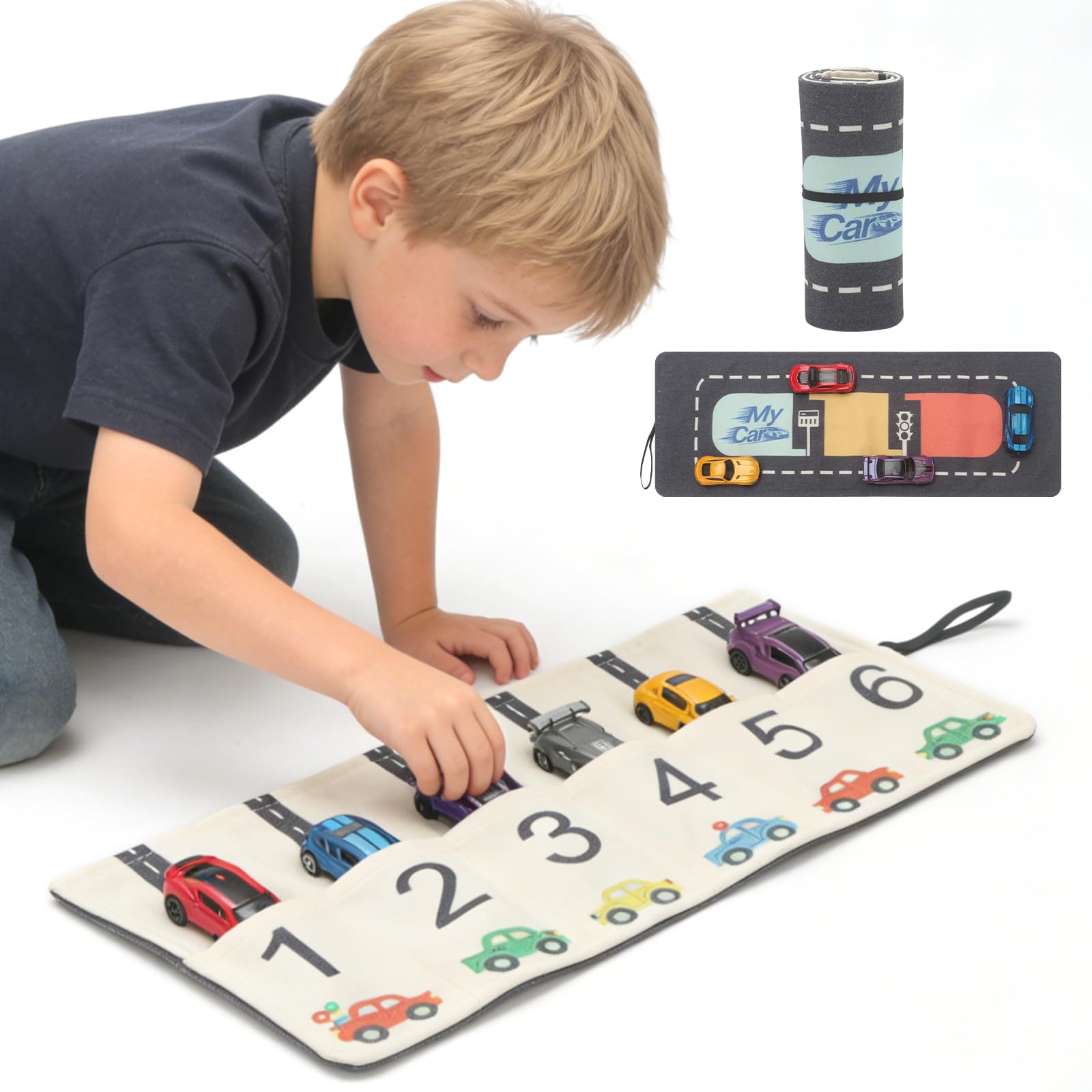 Portable Toy Car Storage Roll and Playmat - Travel Car Carrier Organizer Case for 6 Small Cars - Compatible with Hot Wheels &amp; Matchbox, Toddler Quiet Play Activity Mat for Airplane