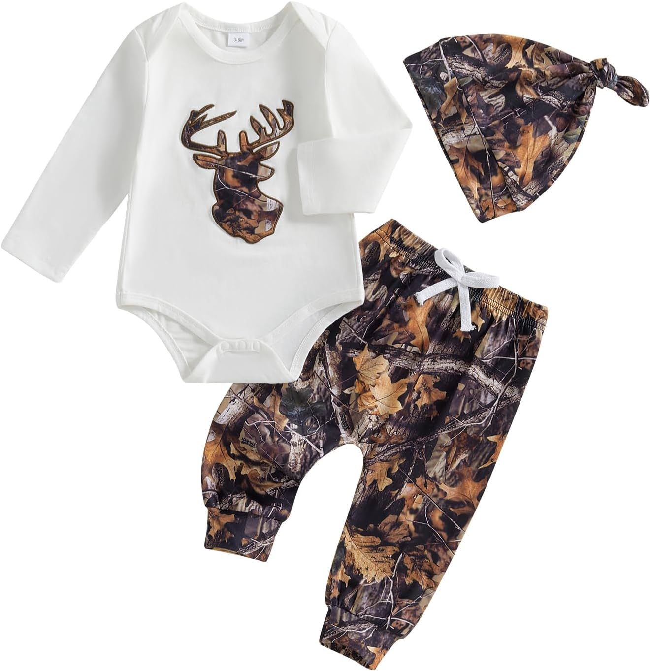 Hunting Newborn Baby Boy Outfit Deer Crewneck Romper Bodysuit Camo Jungle Pants Set Hat 3 Piece Fall Winter Clothes