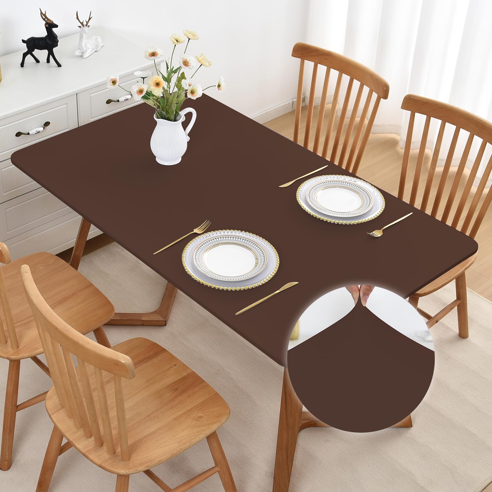 Mulilai Rectangle Brown Tablecloth 42x72 Inch Fitted Fabric 6ft with Elastic Spandex Non Slip Stretch Dining Table Cover Kitchen Dining Wrinkle Free