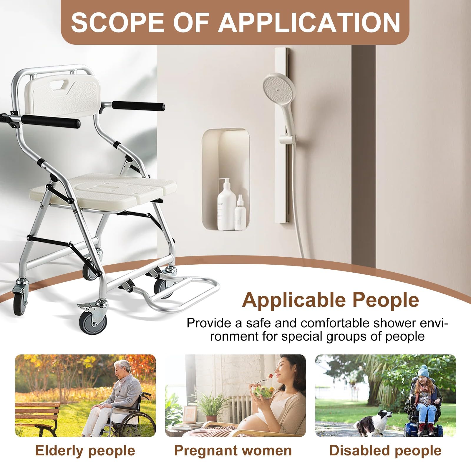 Silla Ducha con Ruedas Plegable, Silla Baño Ancianos Ducha | Silla de Ruedas WC para Personas con Movilidad Limitada, Aleación de Aluminio, Fuerte y Resistente, Fácil de Limpiar